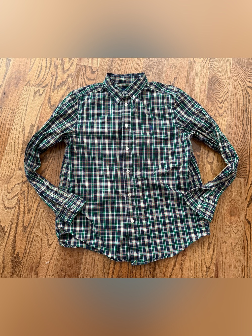 Ralph Lauren Boys Plaid Button Down Shirt Blue Green Size 14-16 large